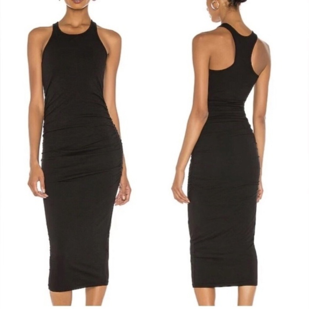 Michael Stars Black Ruched Midi Dress Small Racerback Stretch USA Made NWOT - Picture 2 of 8
